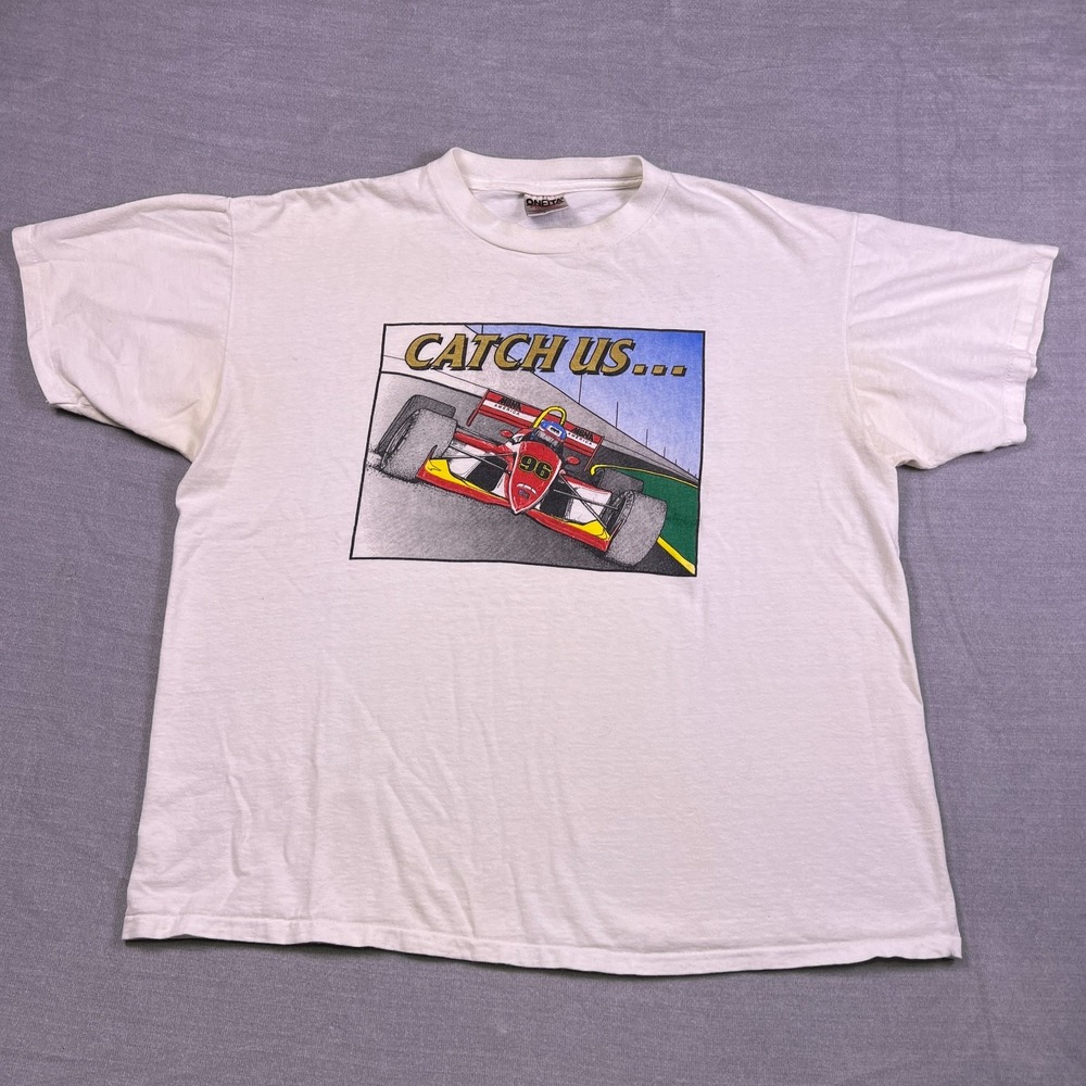 Vintage Oneita Power-T Mens White Indy Fan MBNA Racing Catch Us T-Shirt Size XL